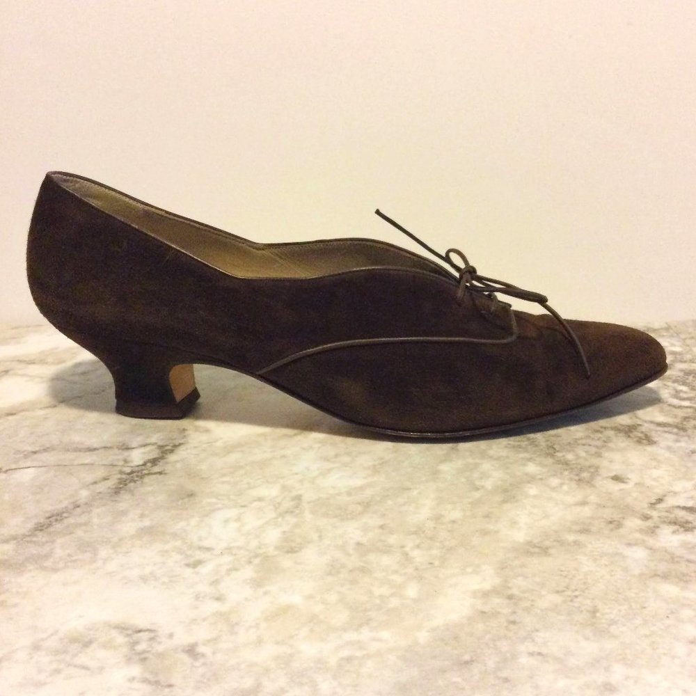 Salvatore Ferragamo Chocolate Brown Suede Lace Up Pumps, Sz 9.5 AAA